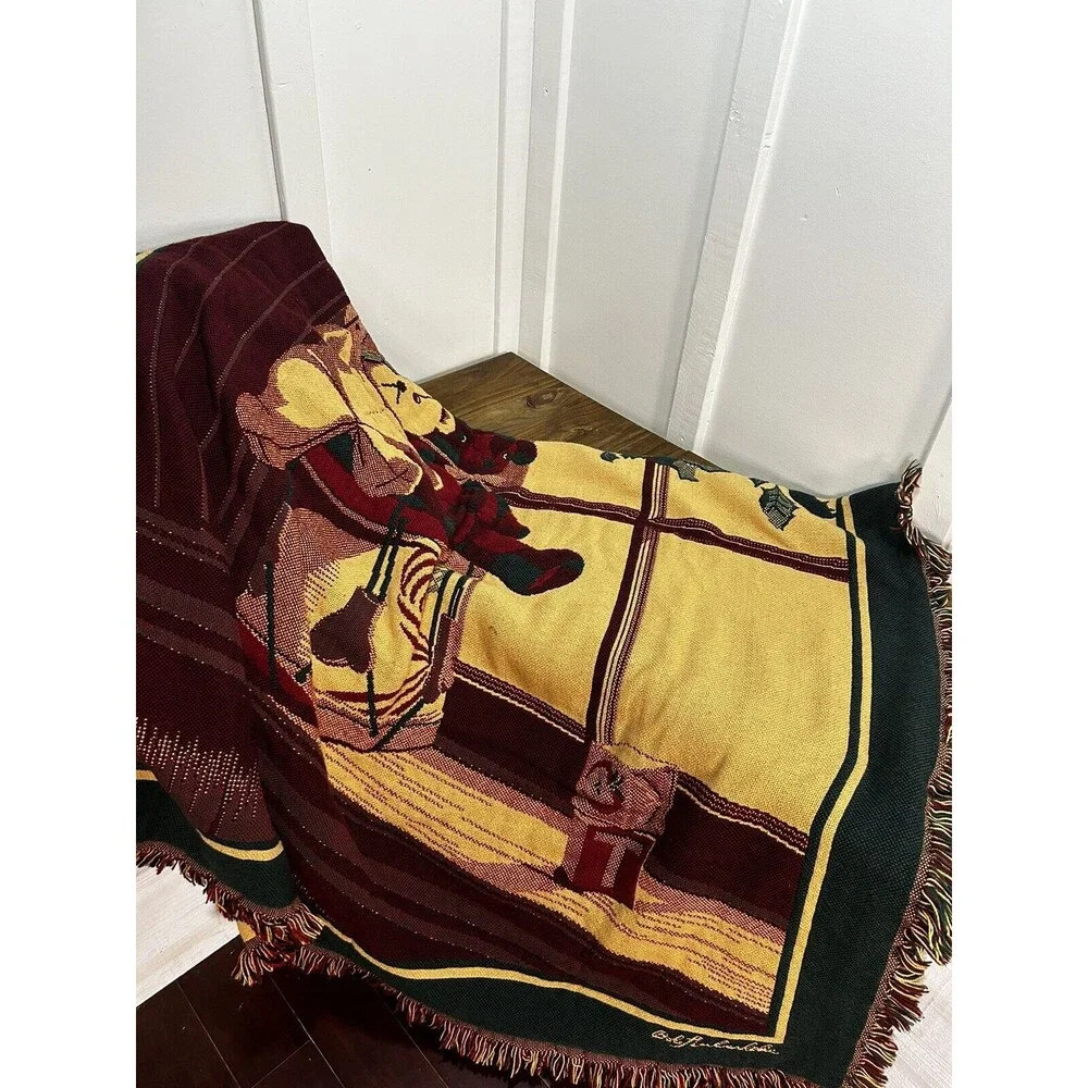 Bob Timberlake Knit Throw Blanket 48 x 64 Christmas Teddy Bears Drums Blocks EUC
